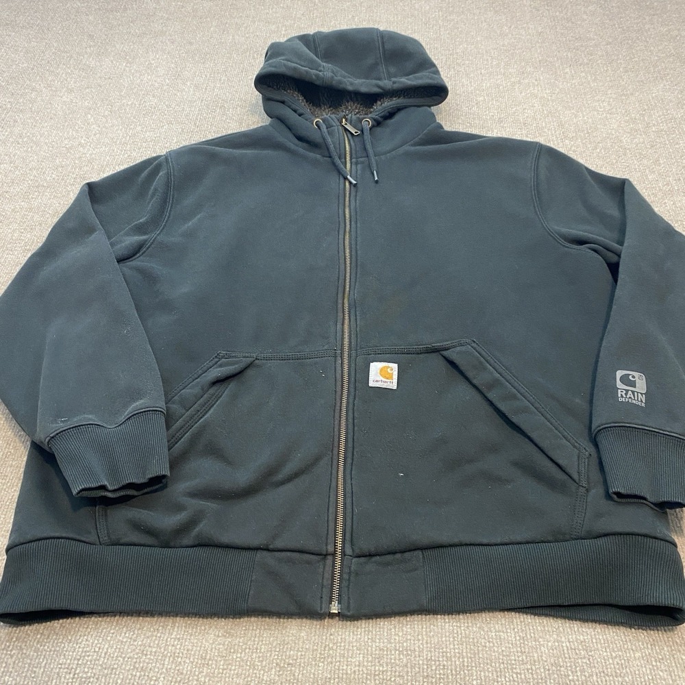 Carhartt Jacket Mens XL Rain Defender Full-Zip Hoodie Black Distressed‎ Grunge